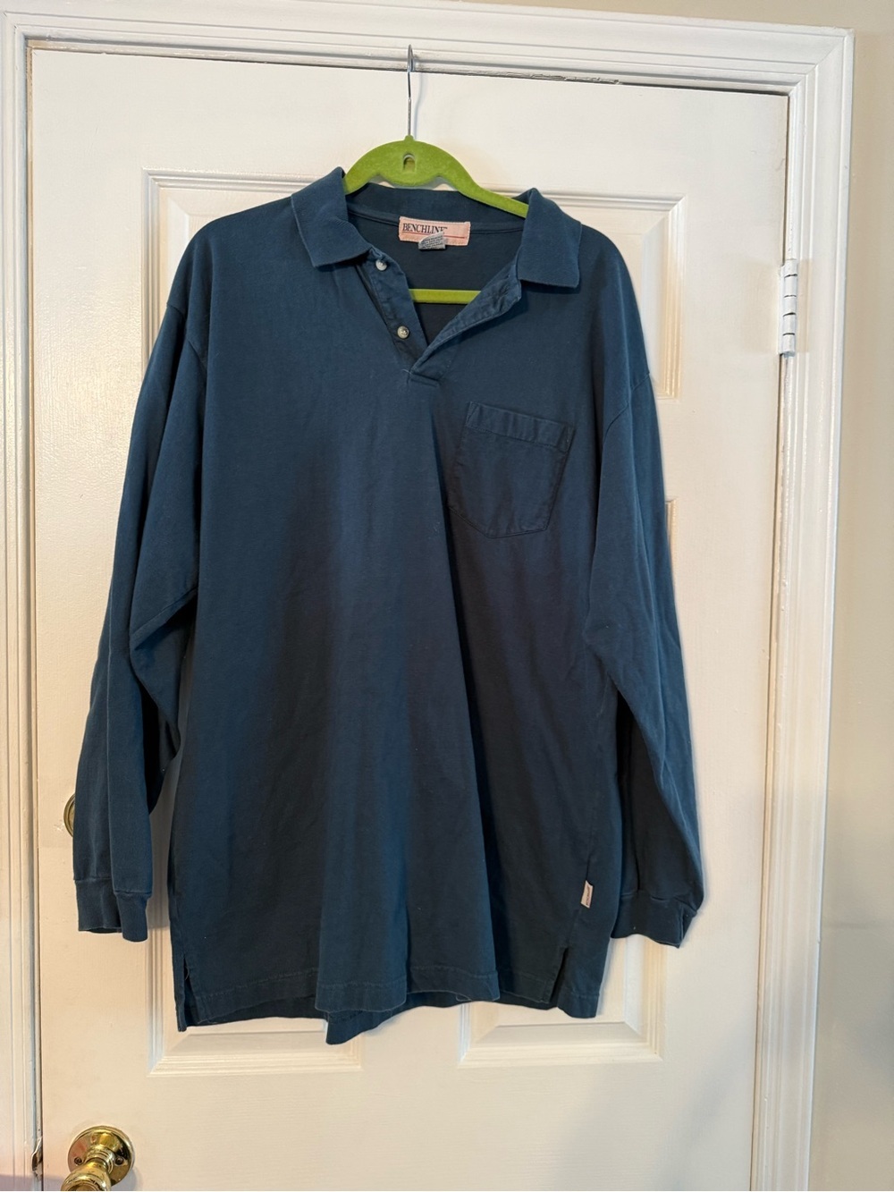 Benchline Vintage-Style Long Sleeve Polo Shirt in Dark Blue